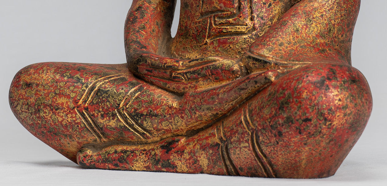Sculpture de Bouddha – Statue de Bouddha assis en bois de style khmer antique Dhyana Méditation Mudra – 31 cm/12"