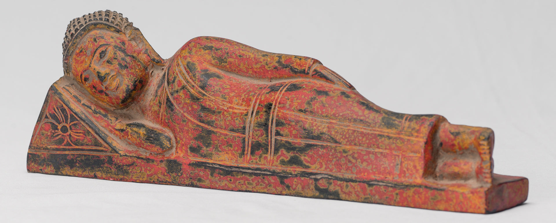 Buddha Statue - Antique Thai Style Wood Reclining Nirvana Buddha Statue - 30cm/12" Long