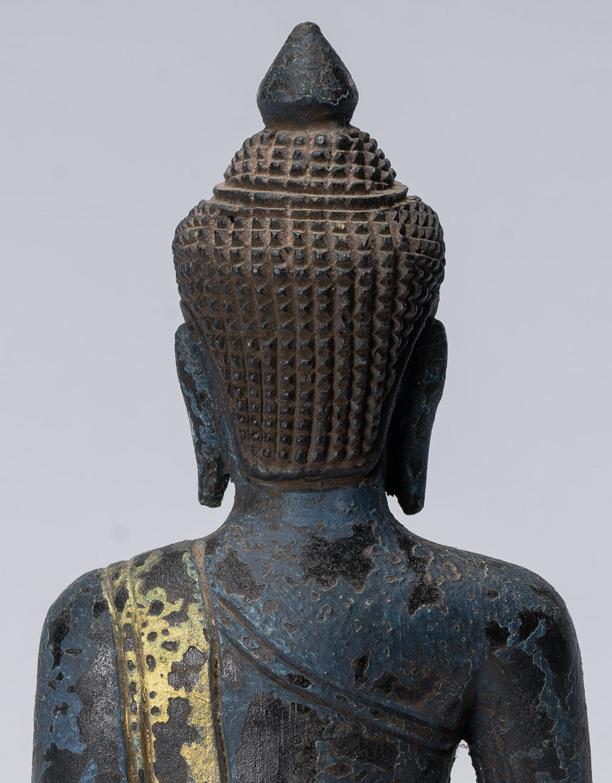 Buddha Sculpture - Antique Khmer Style Wood Seated Buddha Statue Dhyana Meditation Mudra - 21cm/8"
