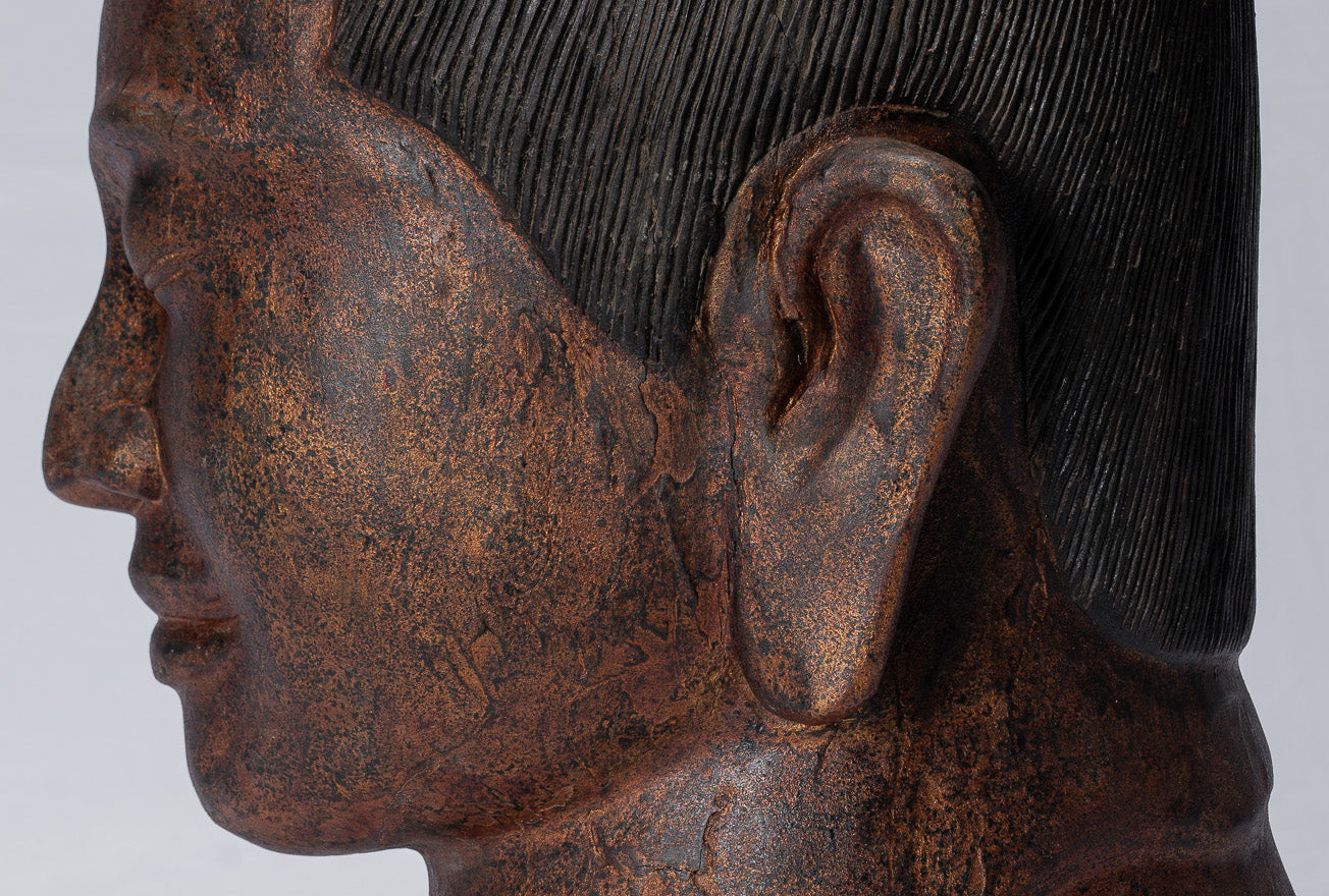 Jayavarman Statue - Antique Khmer Style Wood Jayavarman VII Head Statue - 42cm/17"