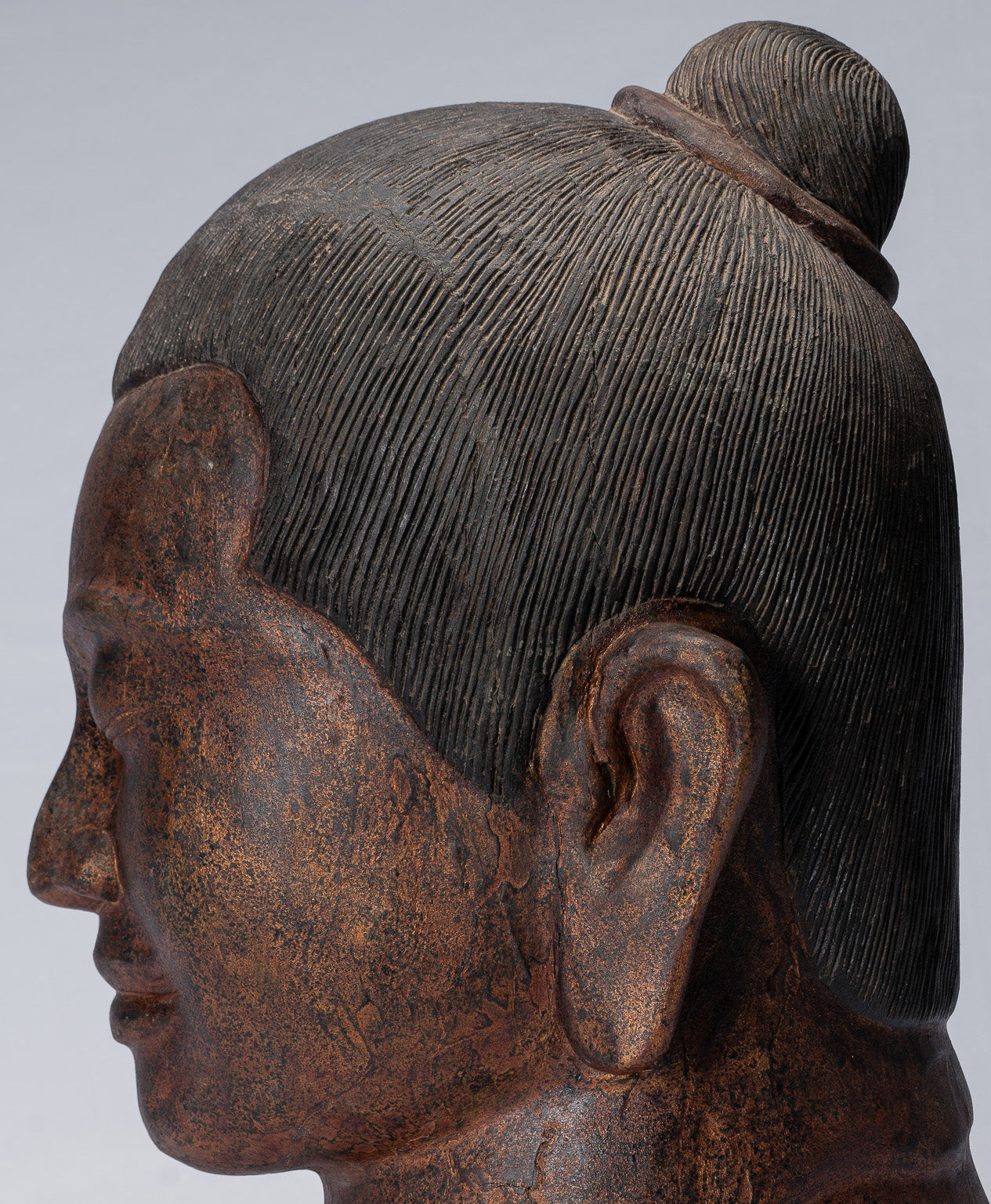 Jayavarman Statue - Antique Khmer Style Wood Jayavarman VII Head Statue - 42cm/17"