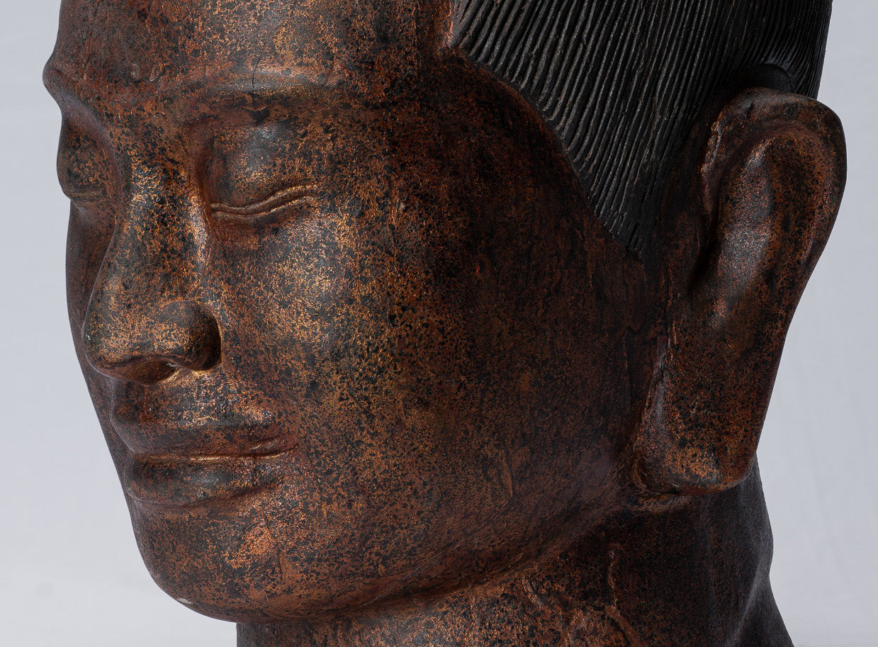 Jayavarman Statue - Antique Khmer Style Wood Jayavarman VII Head Statue - 42cm/17"