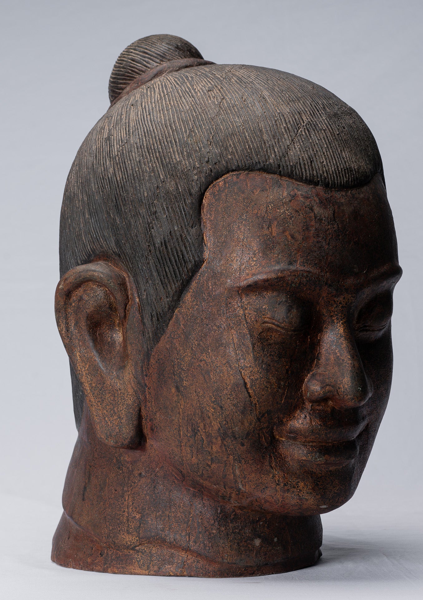 Jayavarman Statue - Antique Khmer Style Wood Jayavarman VII Head Statue - 42cm/17"