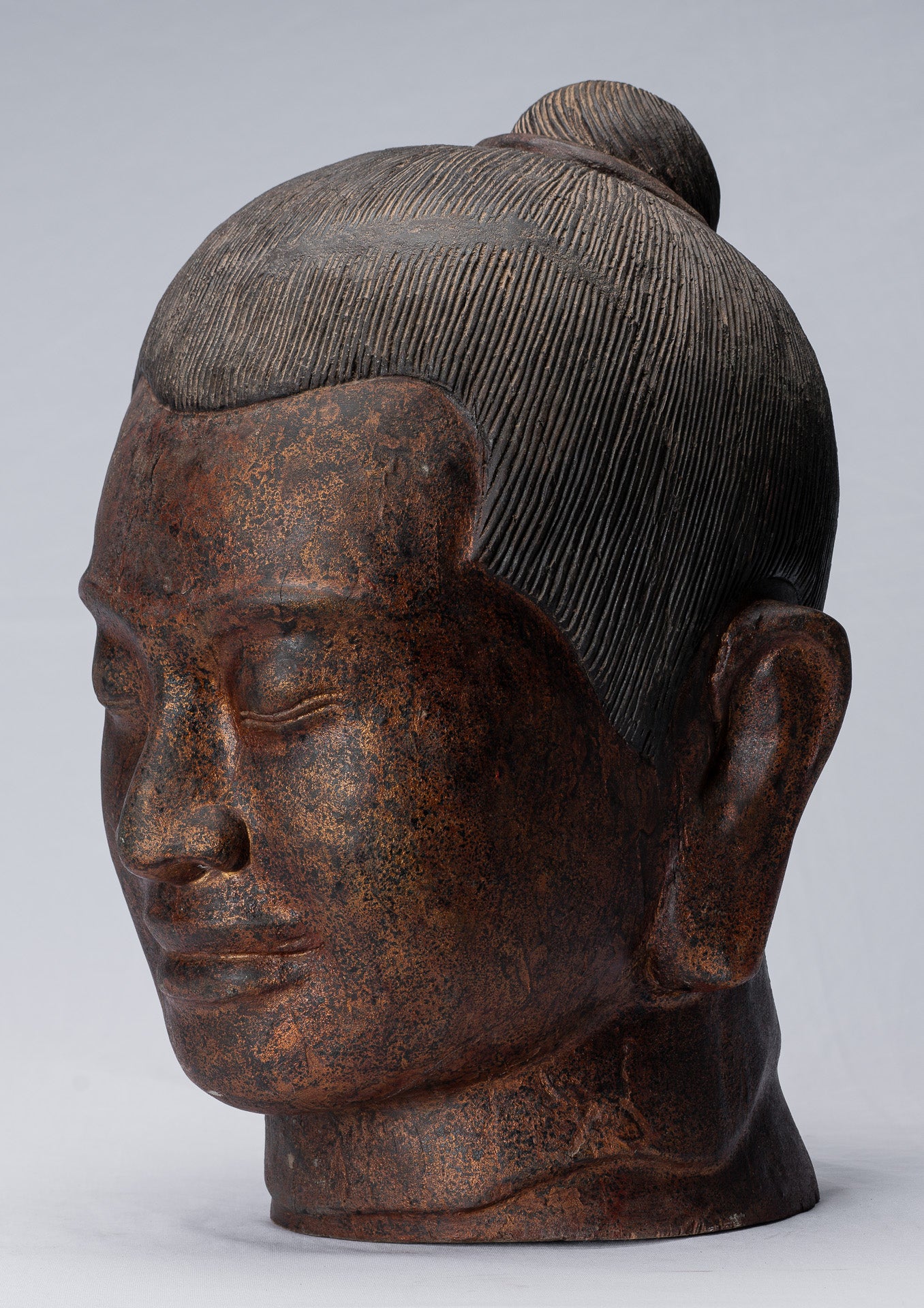 Jayavarman Statue - Antique Khmer Style Wood Jayavarman VII Head Statue - 42cm/17"