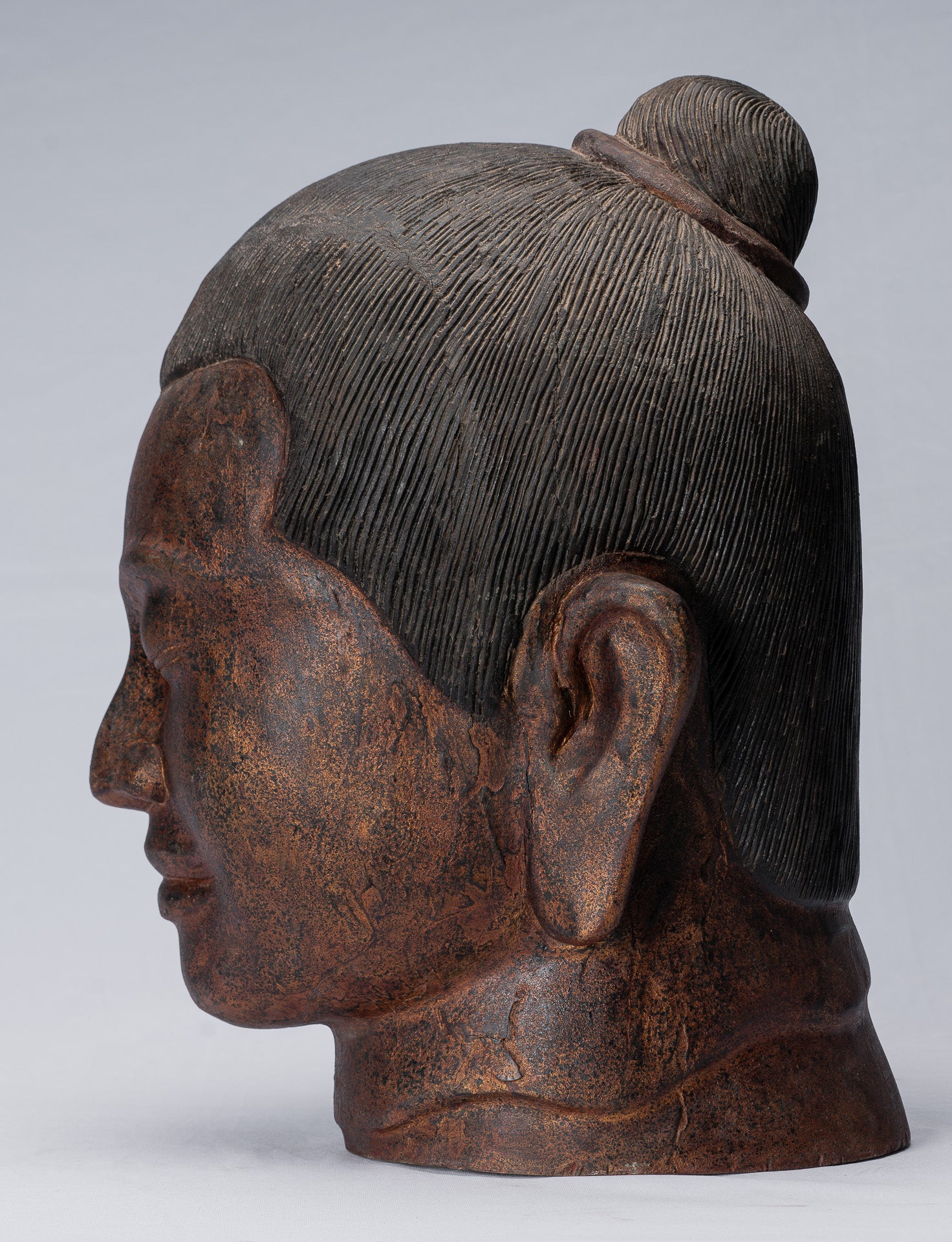 Jayavarman Statue - Antique Khmer Style Wood Jayavarman VII Head Statue - 42cm/17"