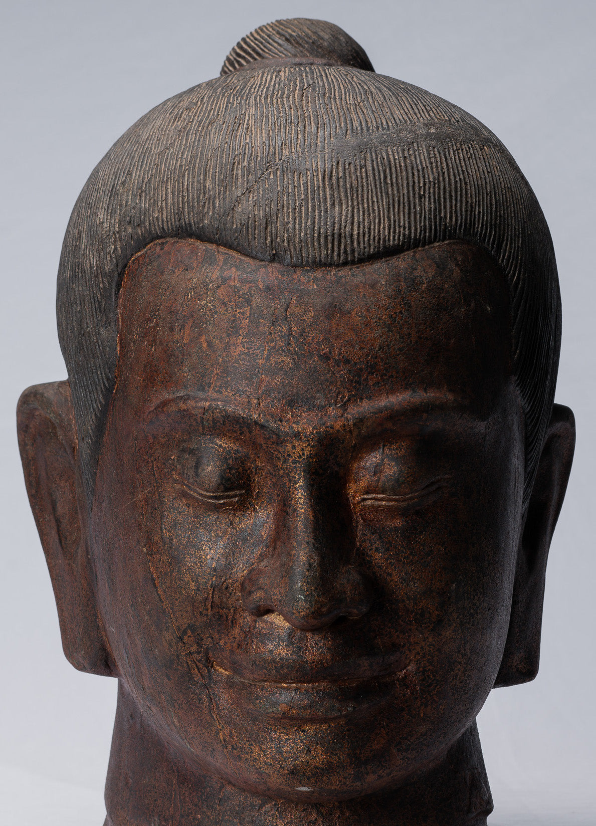 Jayavarman Statue - Antique Khmer Style Wood Jayavarman VII Head Statue - 42cm/17"