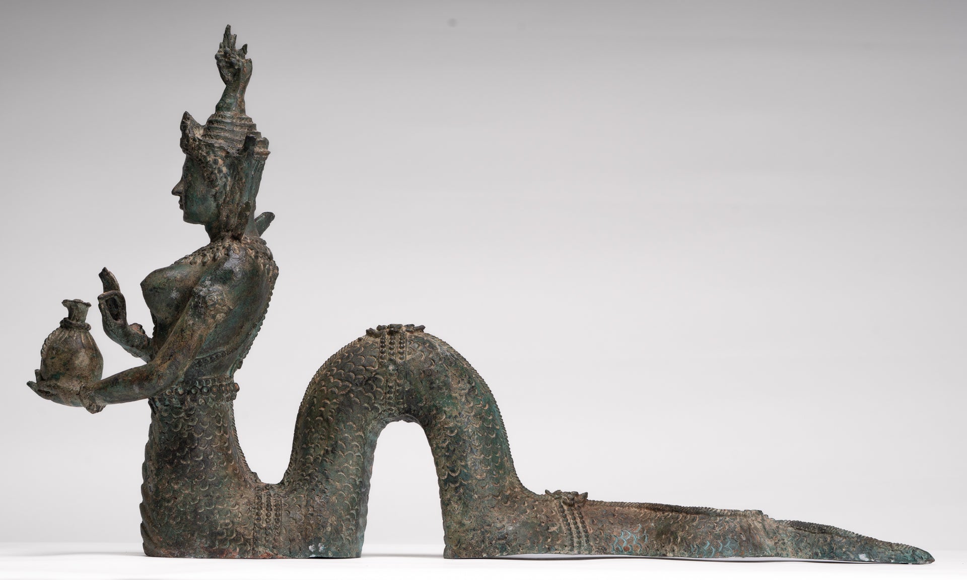 Naga Statue - Antique Thai Style Bronze Female Deity with Naga Tail Statue - 41cm/16"