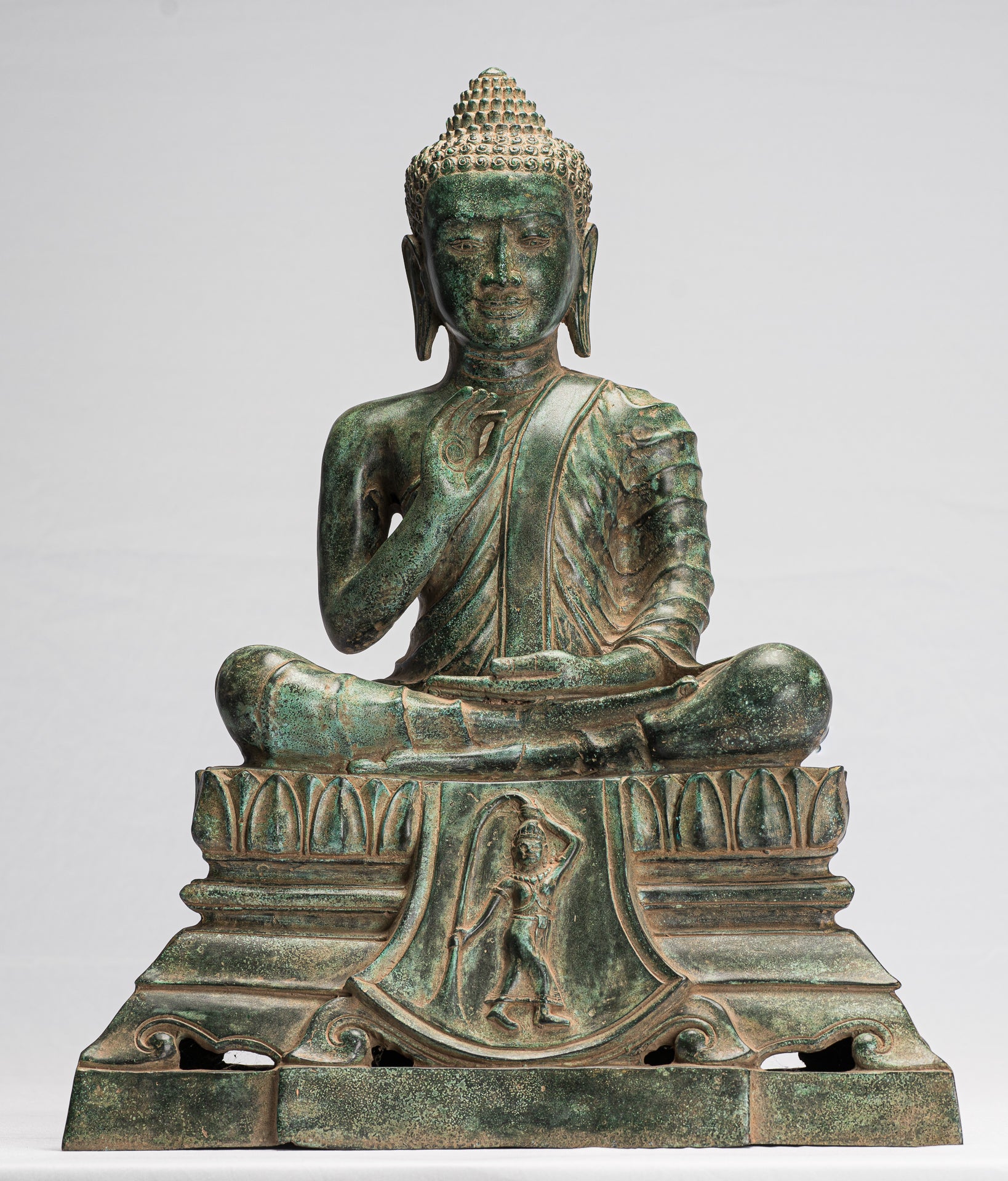 Buddha-Statue – antike Bronze-Buddha-Statue im Khmer-Stil, Dharmachakra-Lehr-Mudra – 51 cm/50,8 cm