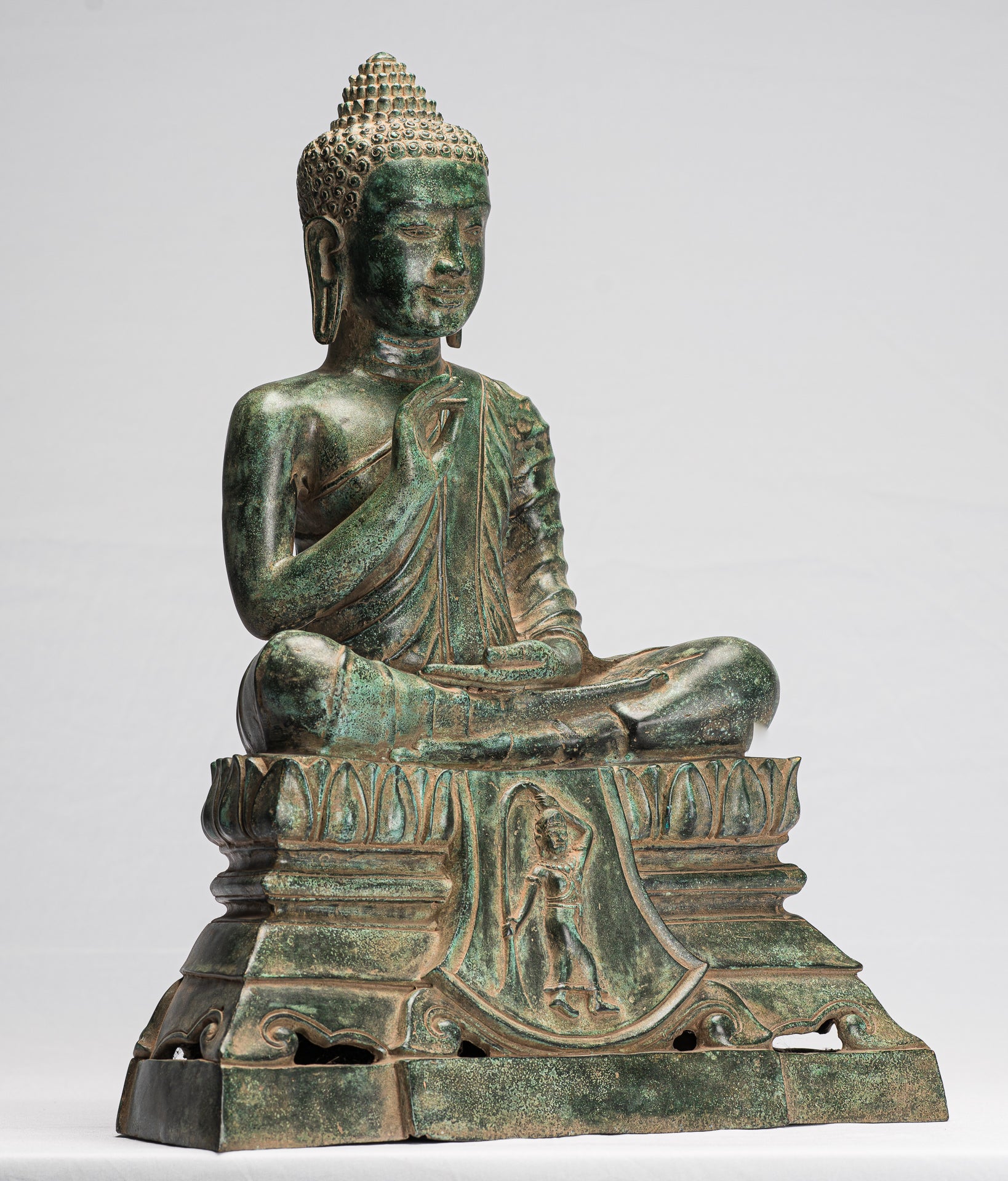 Buddha-Statue – antike Bronze-Buddha-Statue im Khmer-Stil, Dharmachakra-Lehr-Mudra – 51 cm/50,8 cm