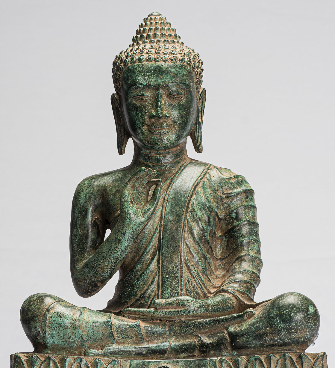 Buddha-Statue – antike Bronze-Buddha-Statue im Khmer-Stil, Dharmachakra-Lehr-Mudra – 51 cm/50,8 cm