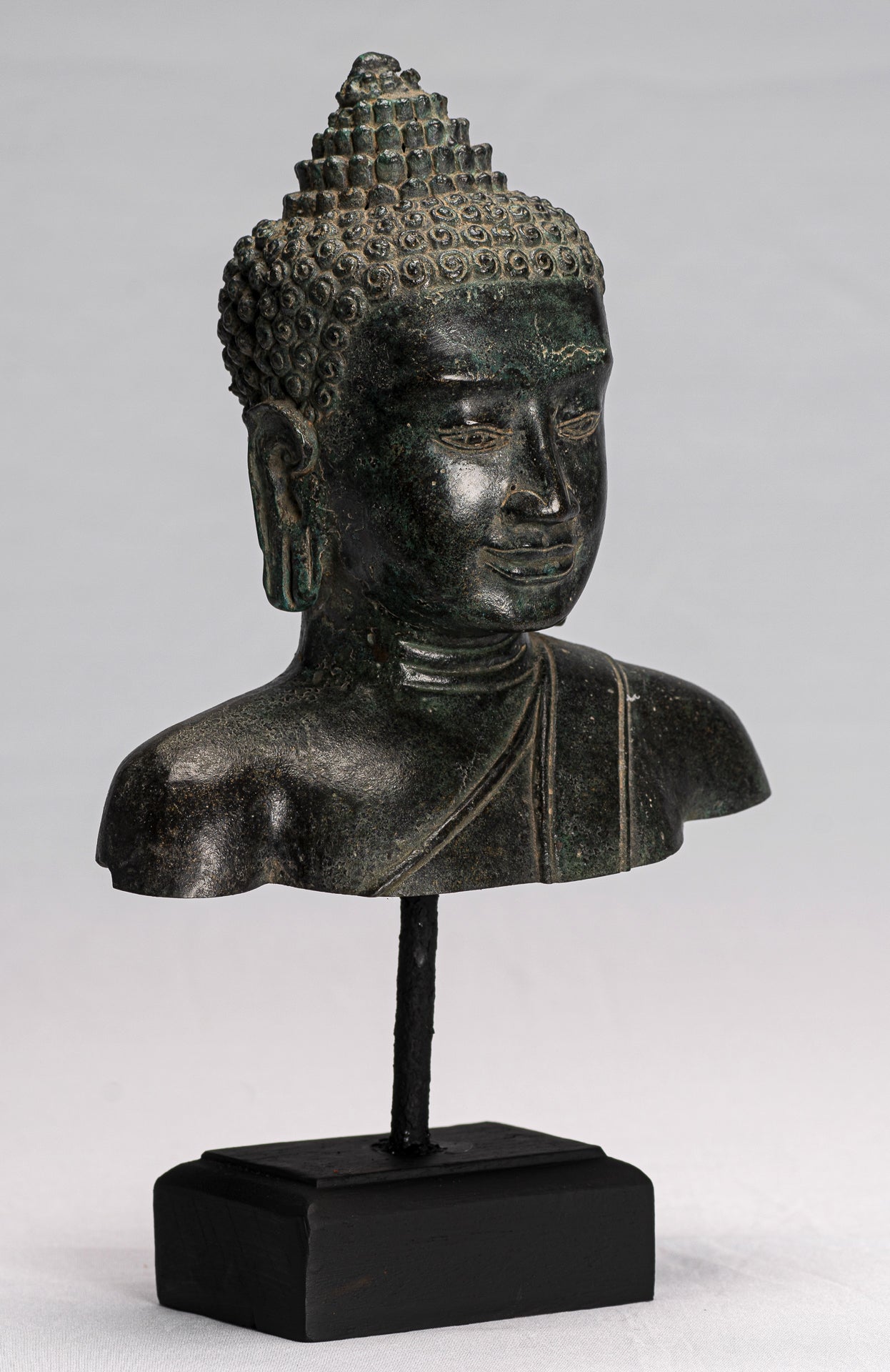 Statue de Bouddha – Statue de tête de Bouddha en bronze Dvaravati montée de style thaïlandais antique – 31 cm/12"