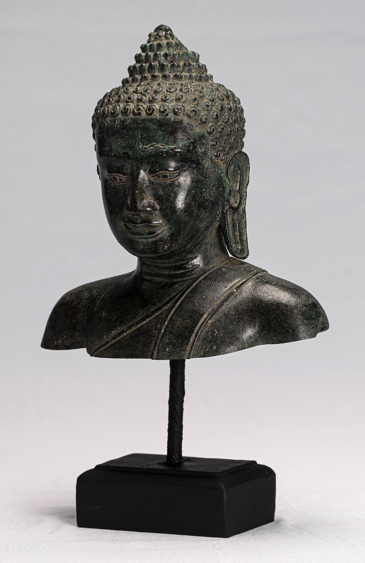 Statue de Bouddha – Statue de tête de Bouddha en bronze Dvaravati montée de style thaïlandais antique – 31 cm/12"