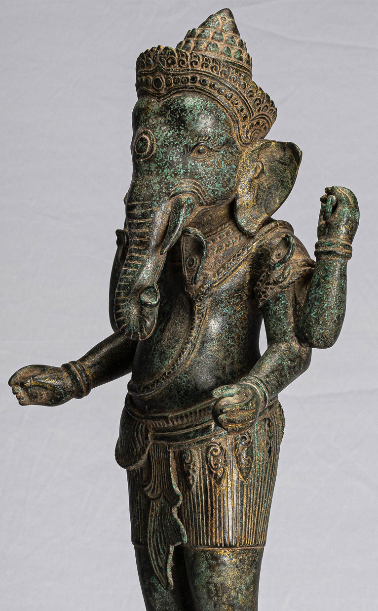 Ganesha Statue - Antique Khmer Style Mounted Standing Bronze Angkor Wat Ganesha Statue - 59cm/24"