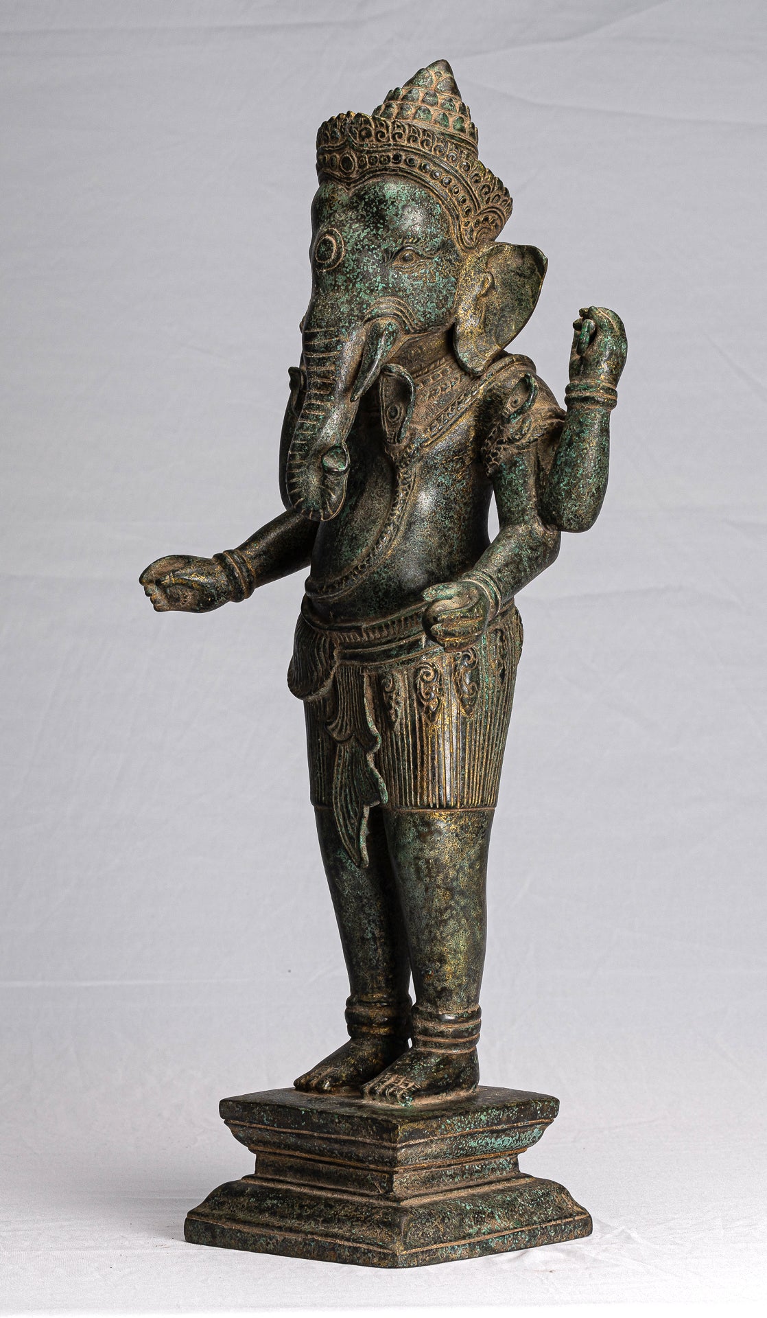 Ganesha Statue - Antique Khmer Style Mounted Standing Bronze Angkor Wat Ganesha Statue - 59cm/24"