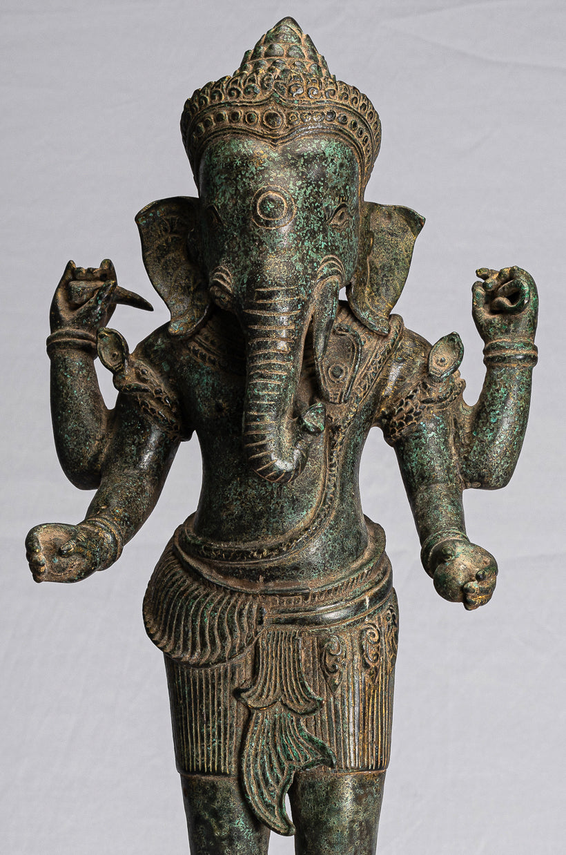 Ganesha Statue - Antique Khmer Style Mounted Standing Bronze Angkor Wat Ganesha Statue - 59cm/24"