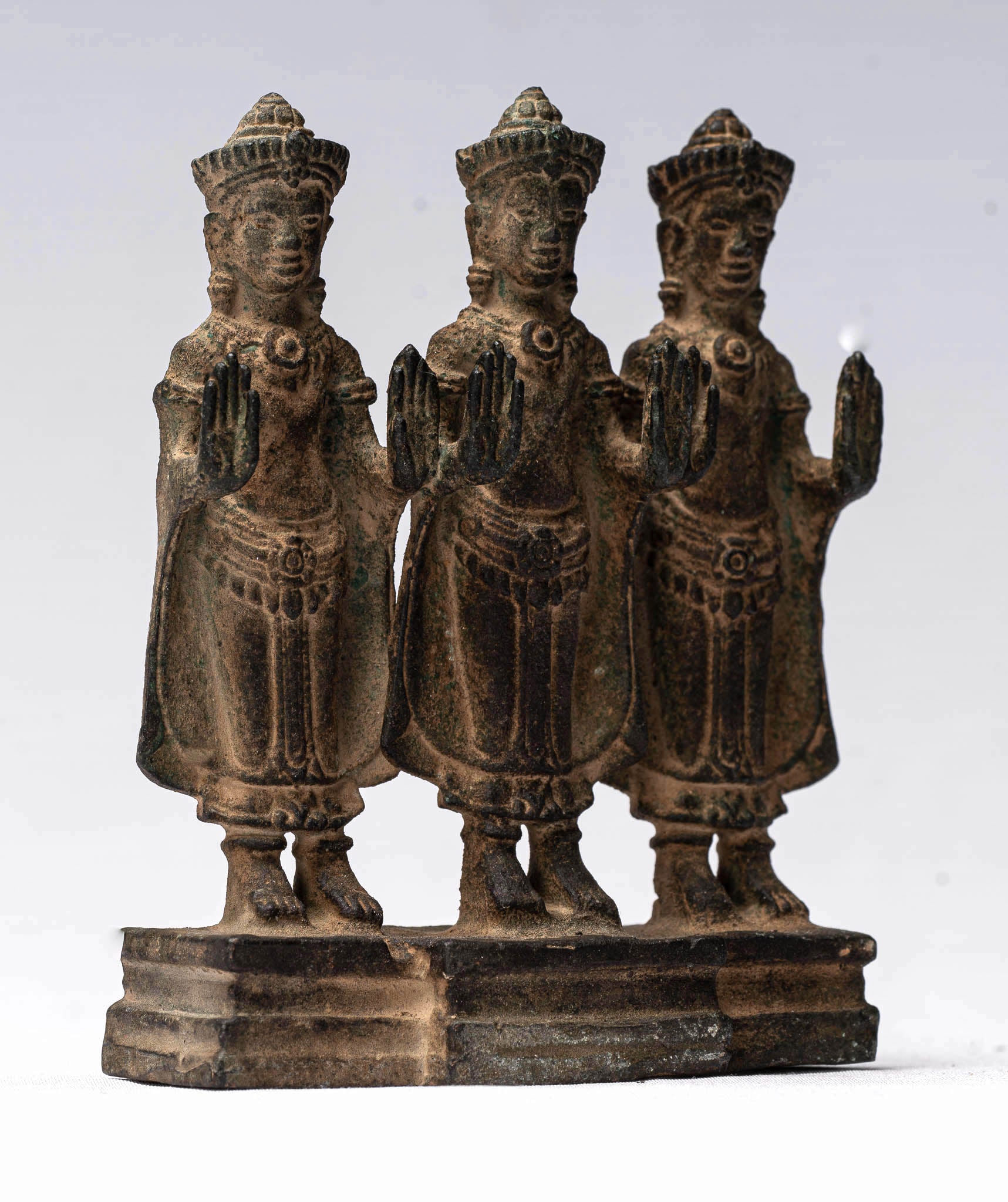Statue de Bouddha – Triptyque de protection en bronze debout de style khmer antique – 10,5 cm