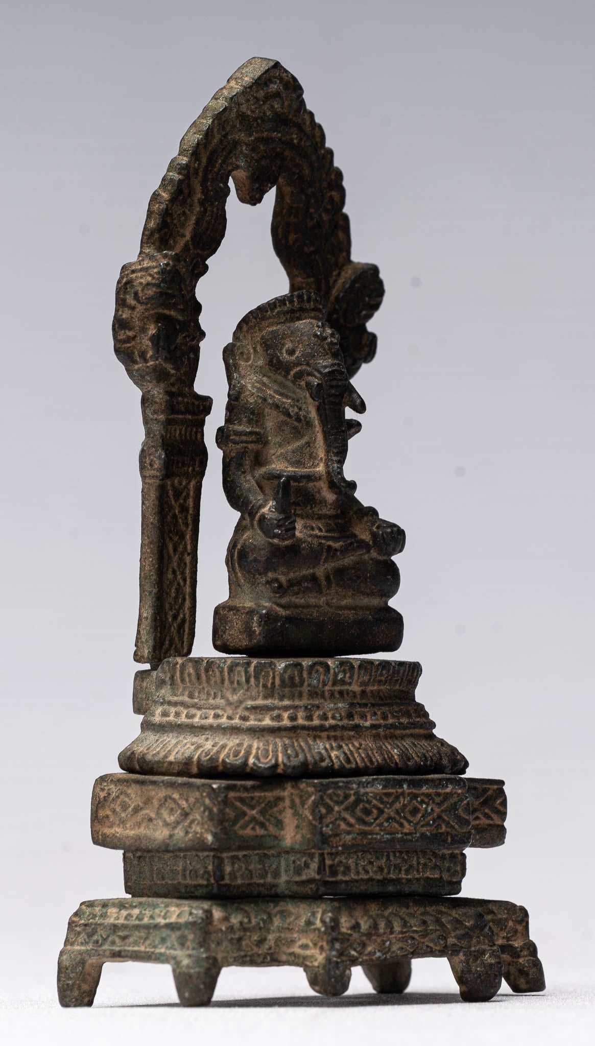 Ganesha Statue - Antique Thai Style Enthroned Bronze Seated Ganesha Statue - 11cm/4"