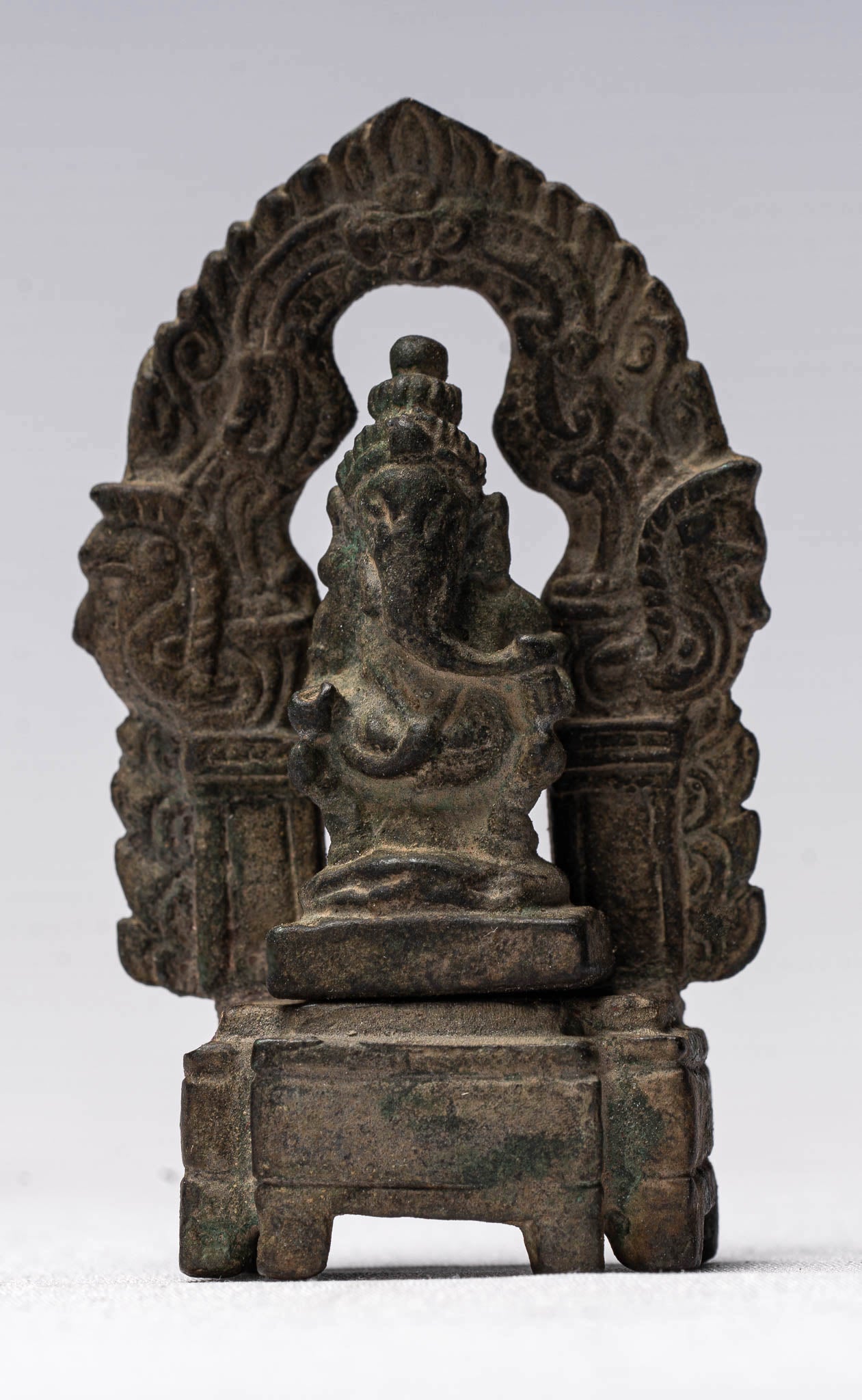 Ganesha Statue - Antique Thai Style Enthroned Bronze Seated Ganesha Statue - 6.5cm/3"