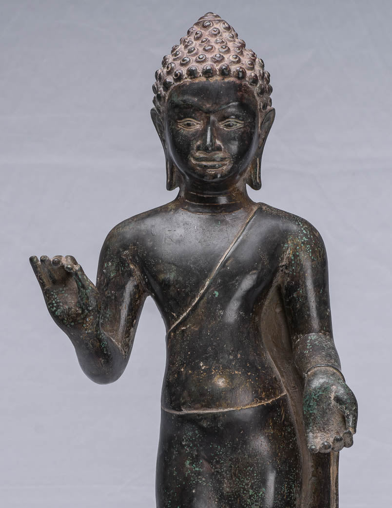 Statue de Bouddha – Statue de Bouddha debout en bronze Dvaravati de style thaïlandais antique 55 cm