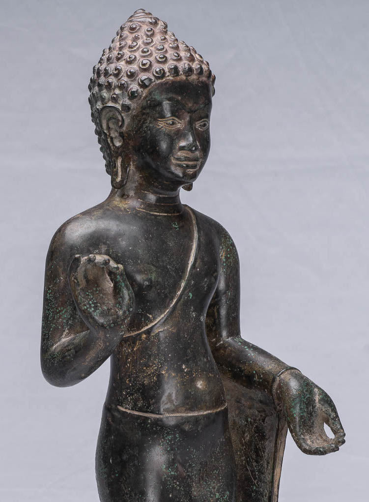 Statue de Bouddha – Statue de Bouddha debout en bronze Dvaravati de style thaïlandais antique 55 cm