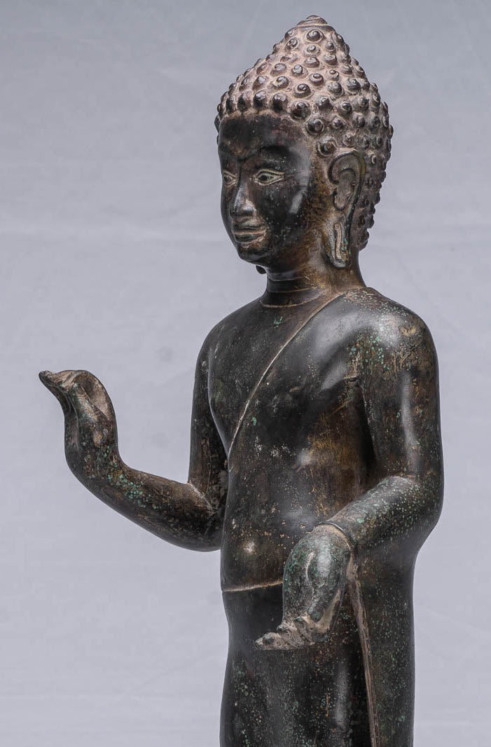 Statue de Bouddha – Statue de Bouddha debout en bronze Dvaravati de style thaïlandais antique 55 cm