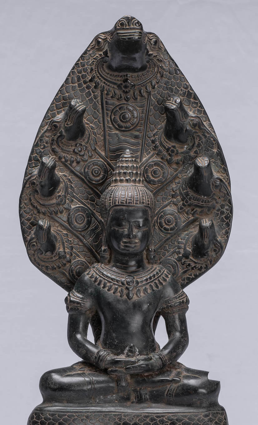 Statue di Buddha - Antique Bayon in stile bayon Khmer seduto in bronzo Naga Meditazione Buddha - 43 cm/17 "