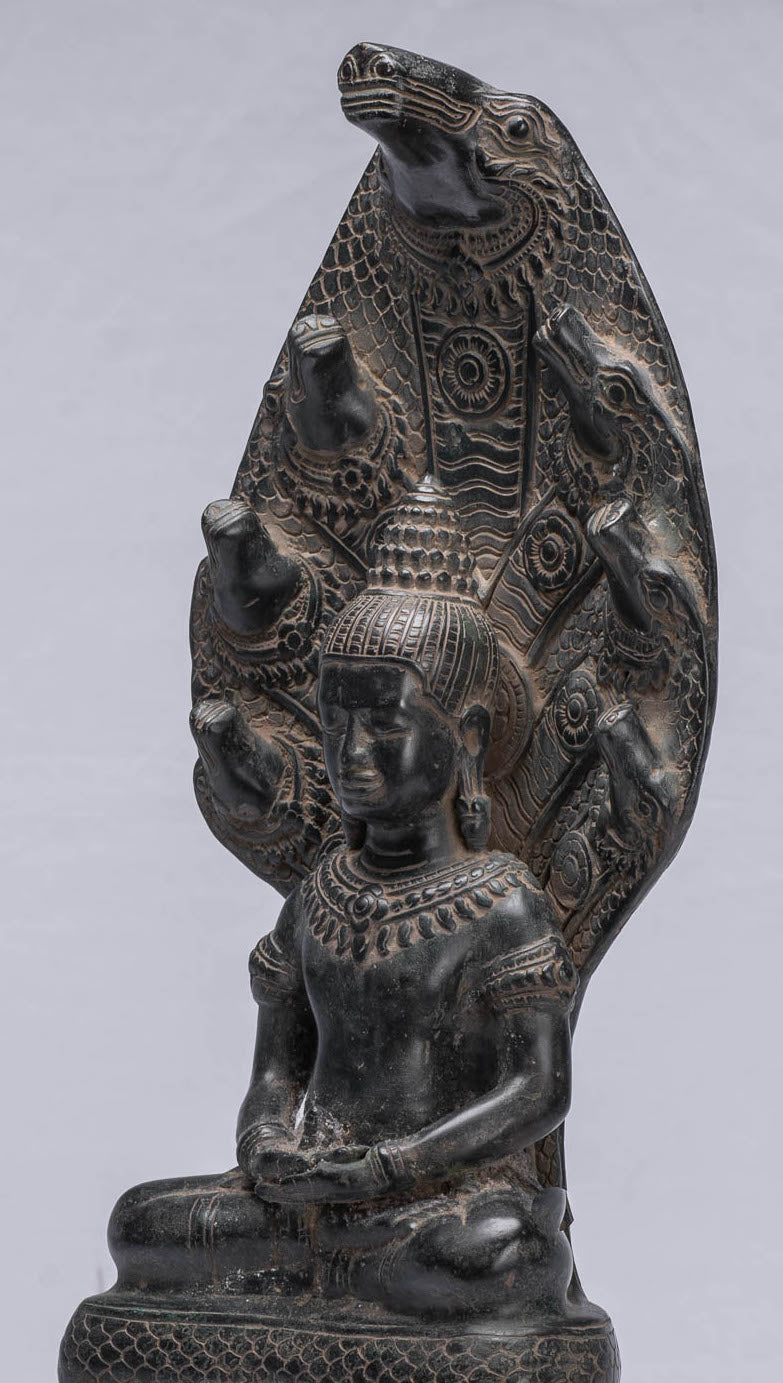 Statue di Buddha - Antique Bayon in stile bayon Khmer seduto in bronzo Naga Meditazione Buddha - 43 cm/17 "