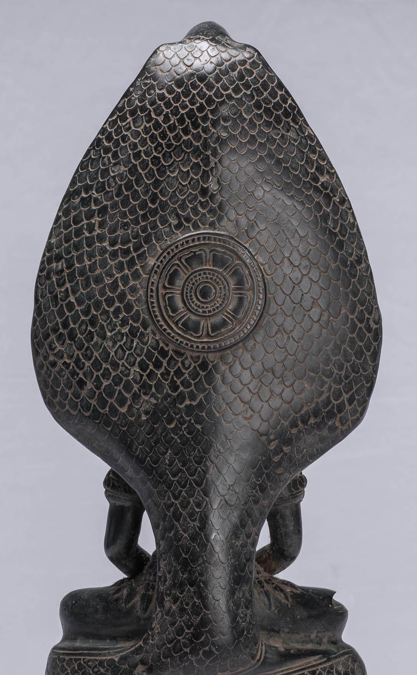 Statue di Buddha - Antique Bayon in stile bayon Khmer seduto in bronzo Naga Meditazione Buddha - 43 cm/17 "