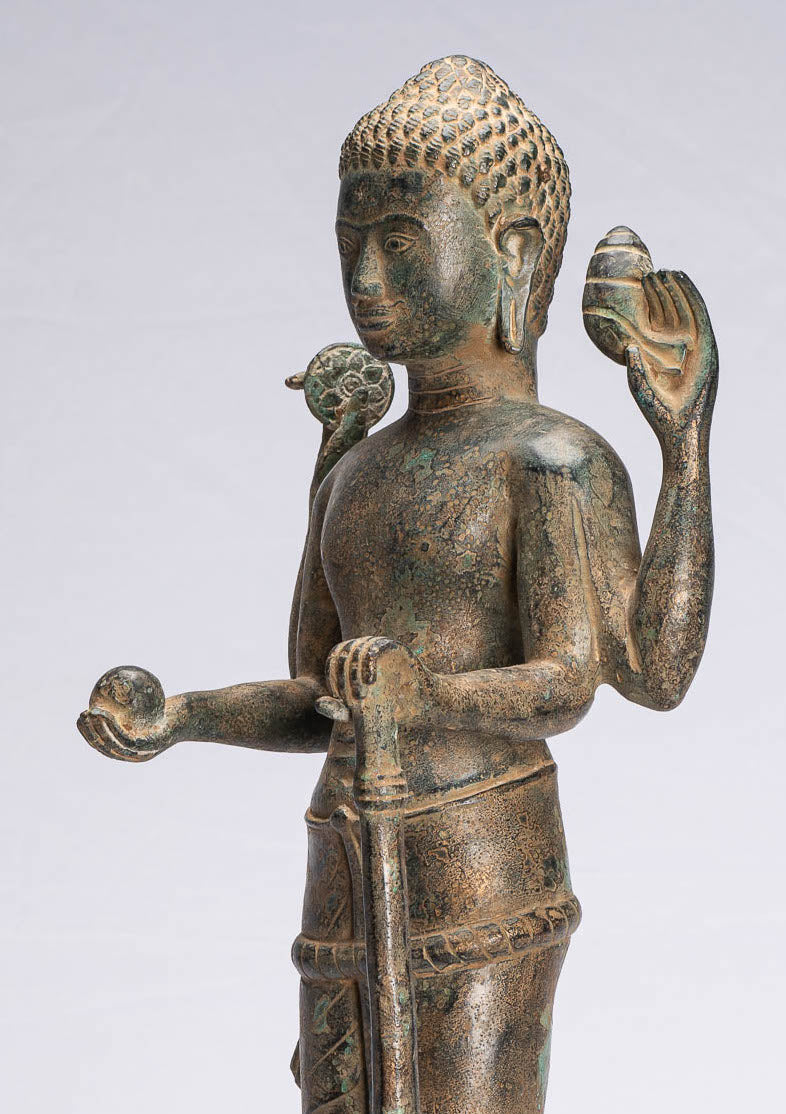 Statue antique de Vishnu debout en bronze de style khmer – Protecteur – 54 cm/22"