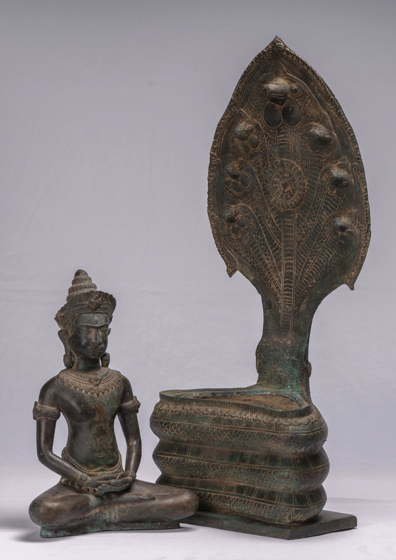Statue de Bouddha-Antique Thaï Style Bronze Seated Meditation Naga Bouddha Statue-66cm/26 "