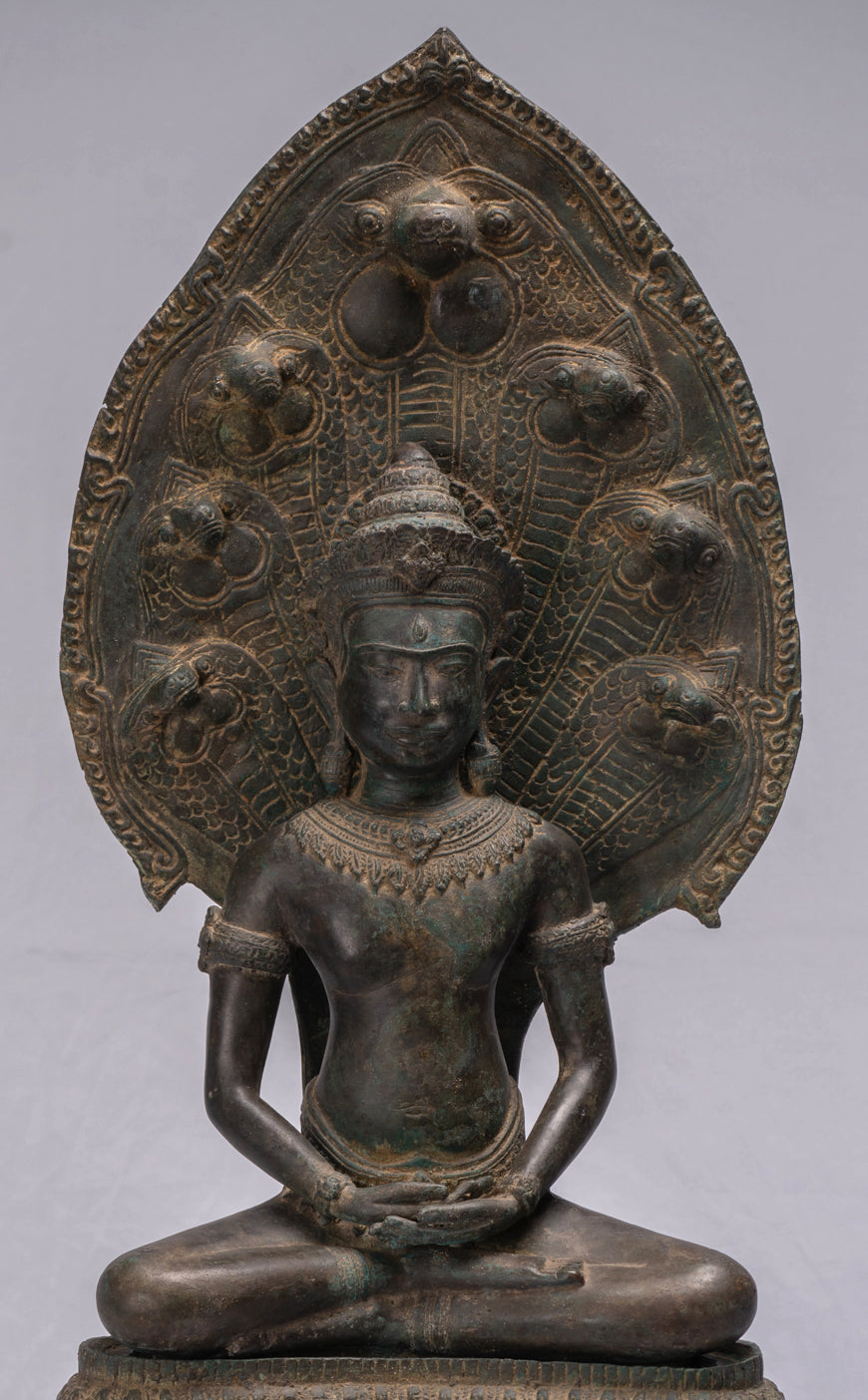 Statue de Bouddha-Antique Thaï Style Bronze Seated Meditation Naga Bouddha Statue-66cm/26 "