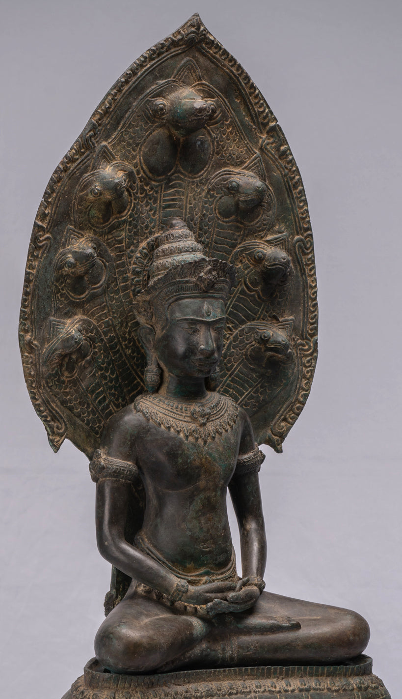 Statue de Bouddha-Antique Thaï Style Bronze Seated Meditation Naga Bouddha Statue-66cm/26 "