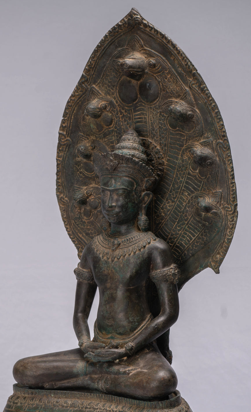 Statue de Bouddha-Antique Thaï Style Bronze Seated Meditation Naga Bouddha Statue-66cm/26 "