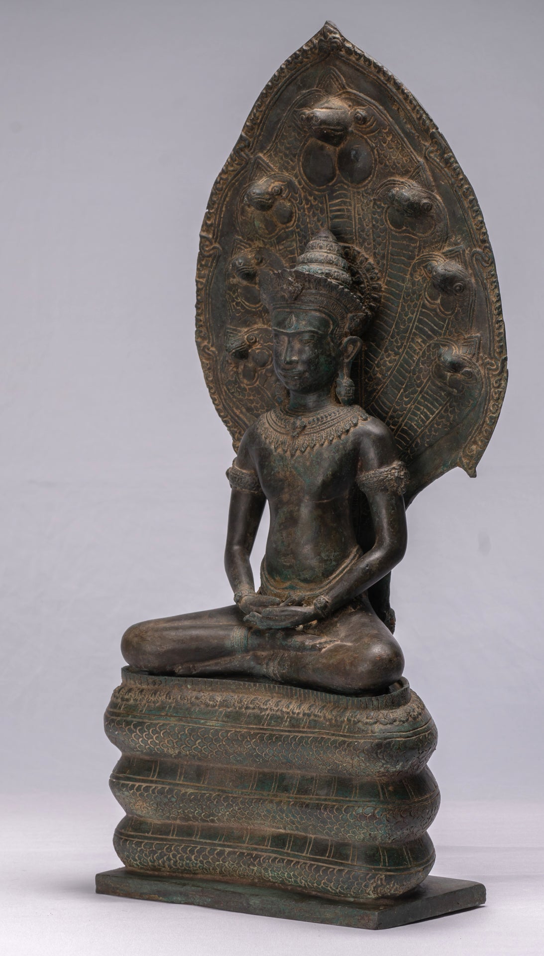Statue de Bouddha-Antique Thaï Style Bronze Seated Meditation Naga Bouddha Statue-66cm/26 "