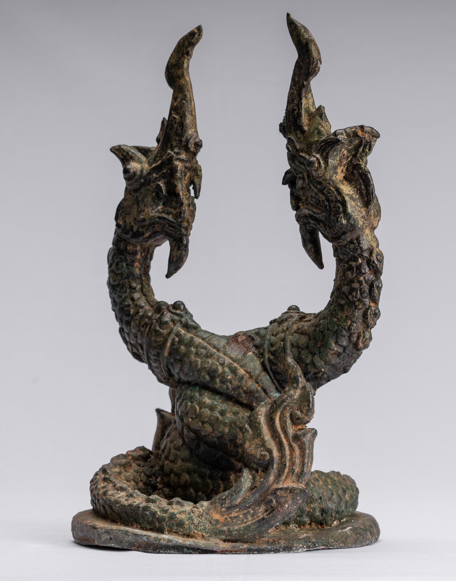 Antike Thai Style Bronze Zwei Kopf Protective Naga, Schlange oder Serpent Statue-30cm/12 "