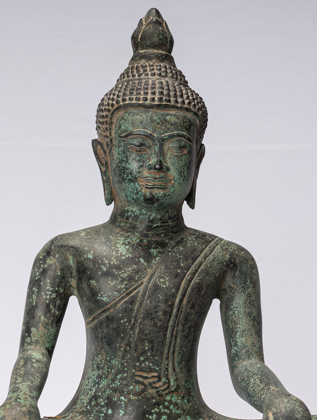 Statue de Bouddha – Statue de Bouddha antique en bronze de style khmer à double illumination – 39 cm