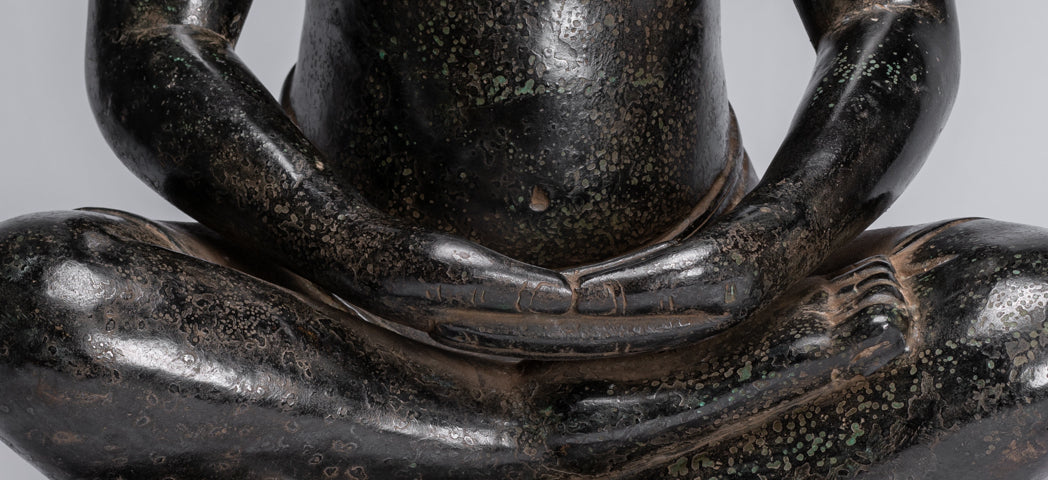 Antique Khmer Style Seated Bronze Meditation Jayavarman VII Statue - 42cm/17"