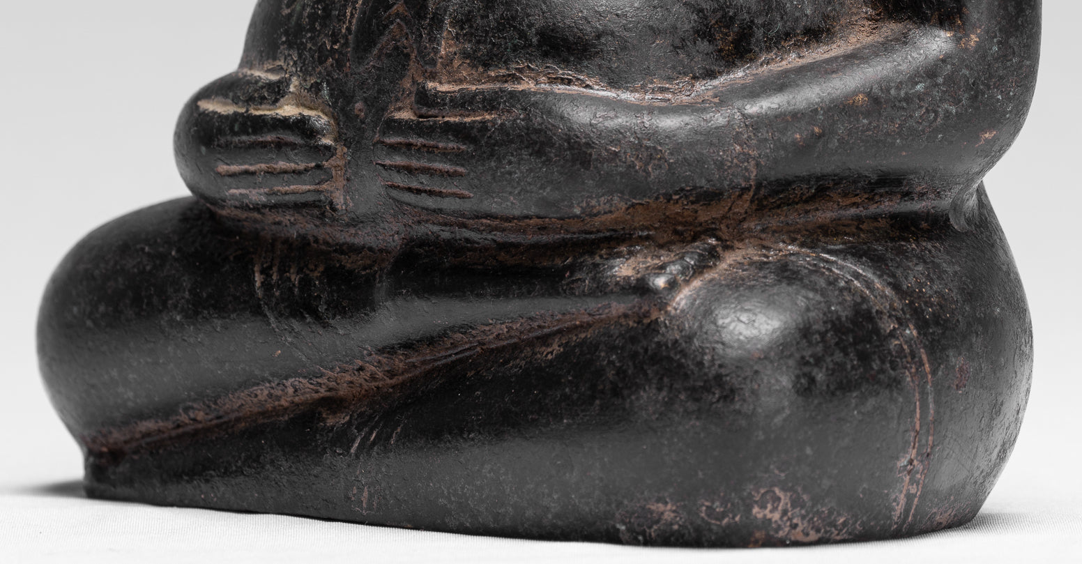 Buddha Statue - Antique Khmer Style Bronze Happy, Fat, Laughing Buddha Budai Statue - 18cm/7"