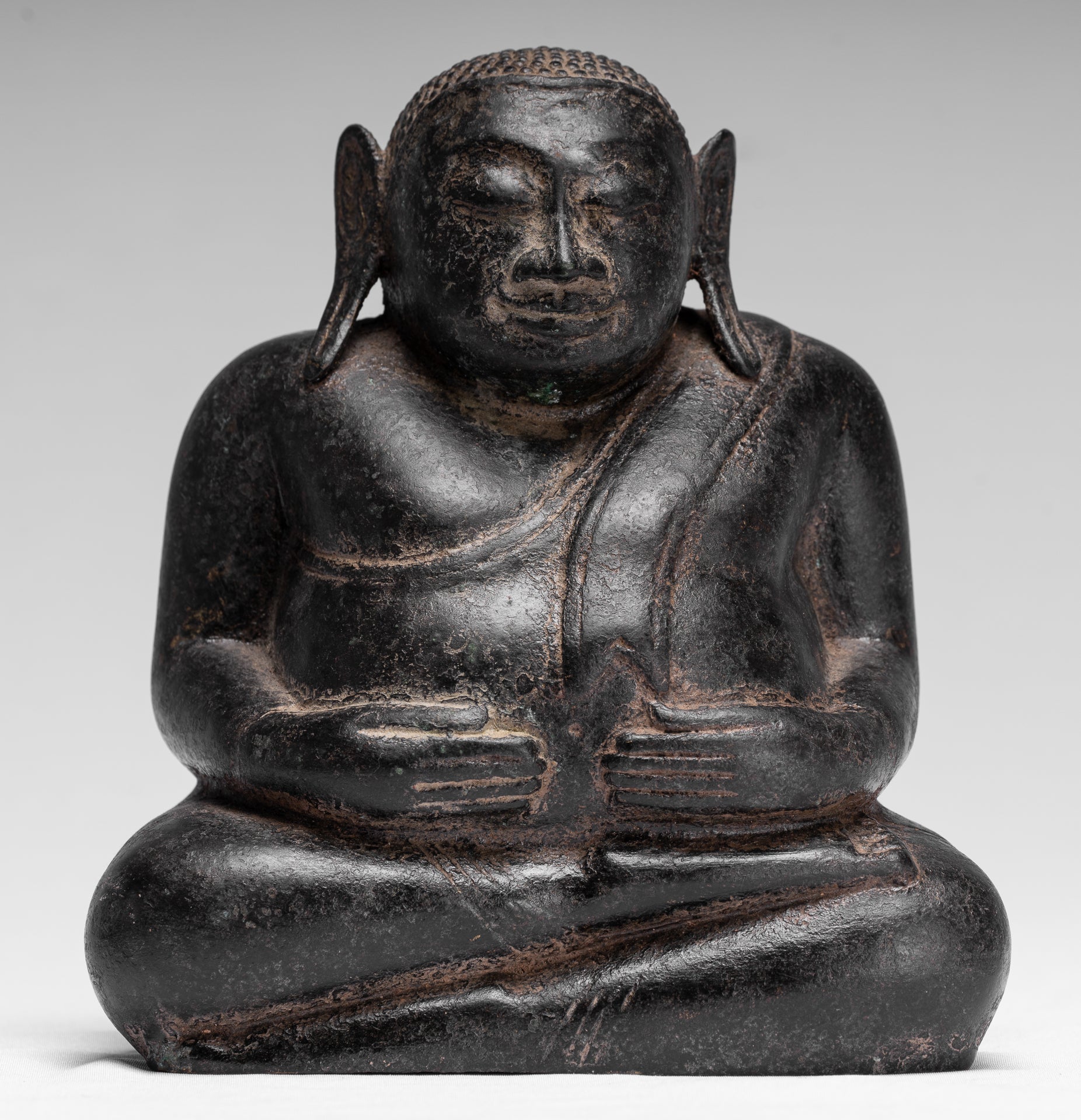 Buddha Statue - Antique Khmer Style Bronze Happy, Fat, Laughing Buddha Budai Statue - 18cm/7"