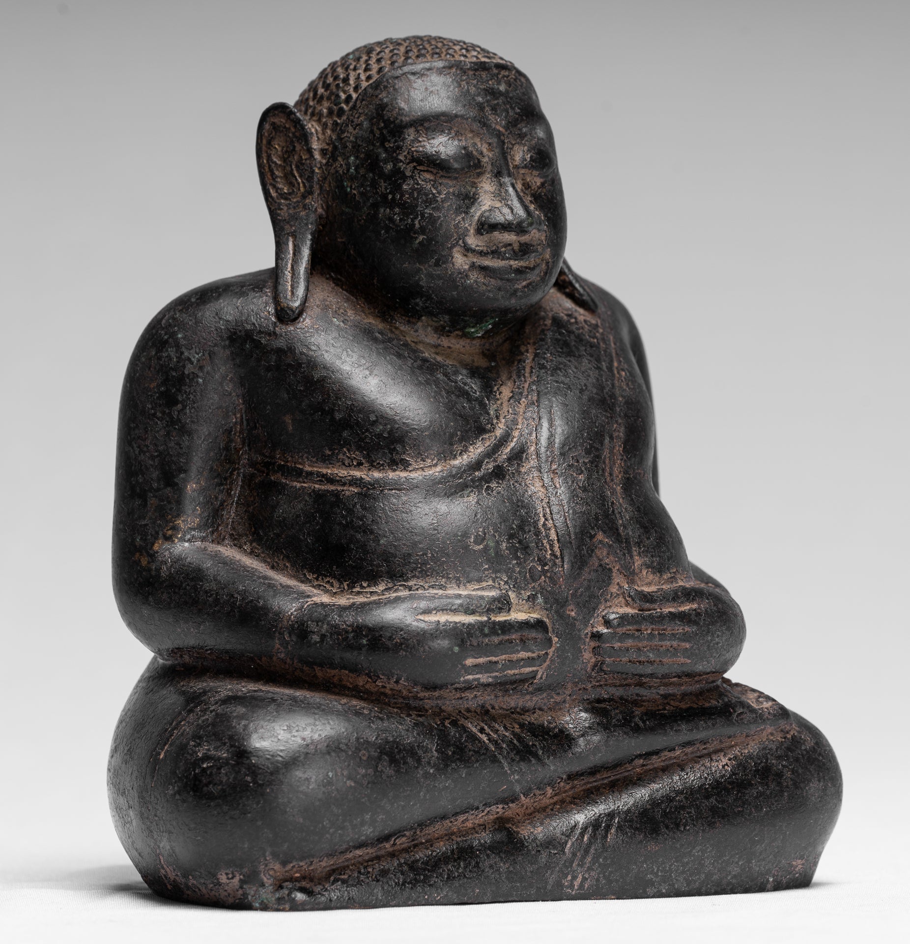 Buddha Statue - Antique Khmer Style Bronze Happy, Fat, Laughing Buddha Budai Statue - 18cm/7"
