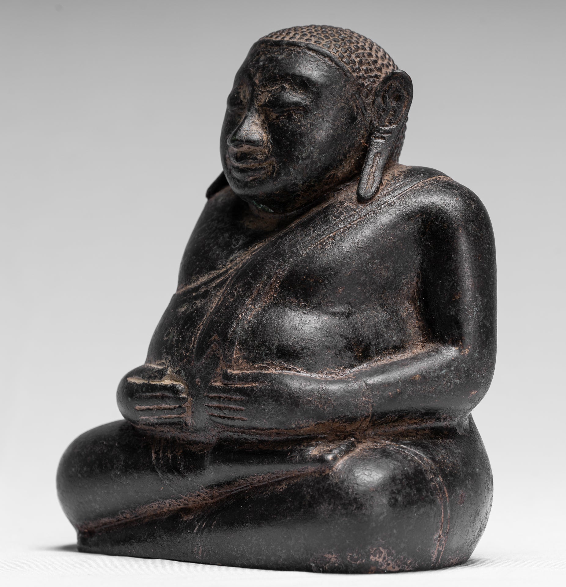 Buddha Statue - Antique Khmer Style Bronze Happy, Fat, Laughing Buddha Budai Statue - 18cm/7"