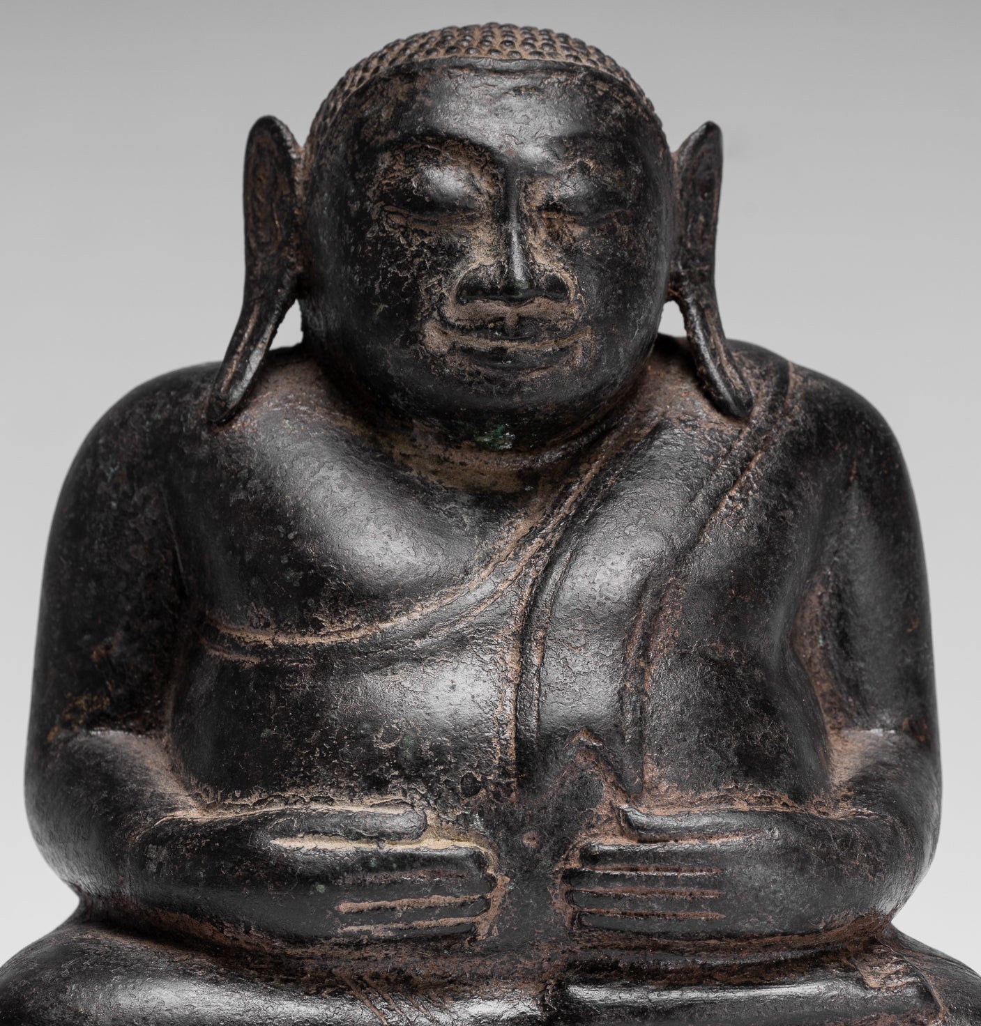 Buddha Statue - Antique Khmer Style Bronze Happy, Fat, Laughing Buddha Budai Statue - 18cm/7"