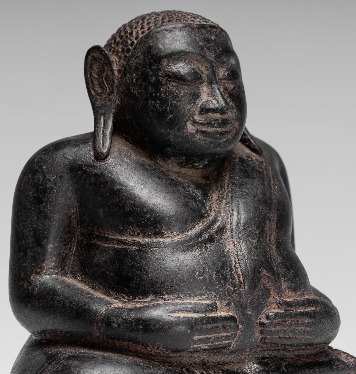 Buddha Statue - Antique Khmer Style Bronze Happy, Fat, Laughing Buddha Budai Statue - 18cm/7"