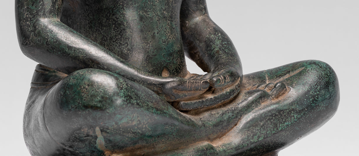 Antique Khmer Style Seated Bronze Meditation Jayavarman VII Statue - 26cm/10"