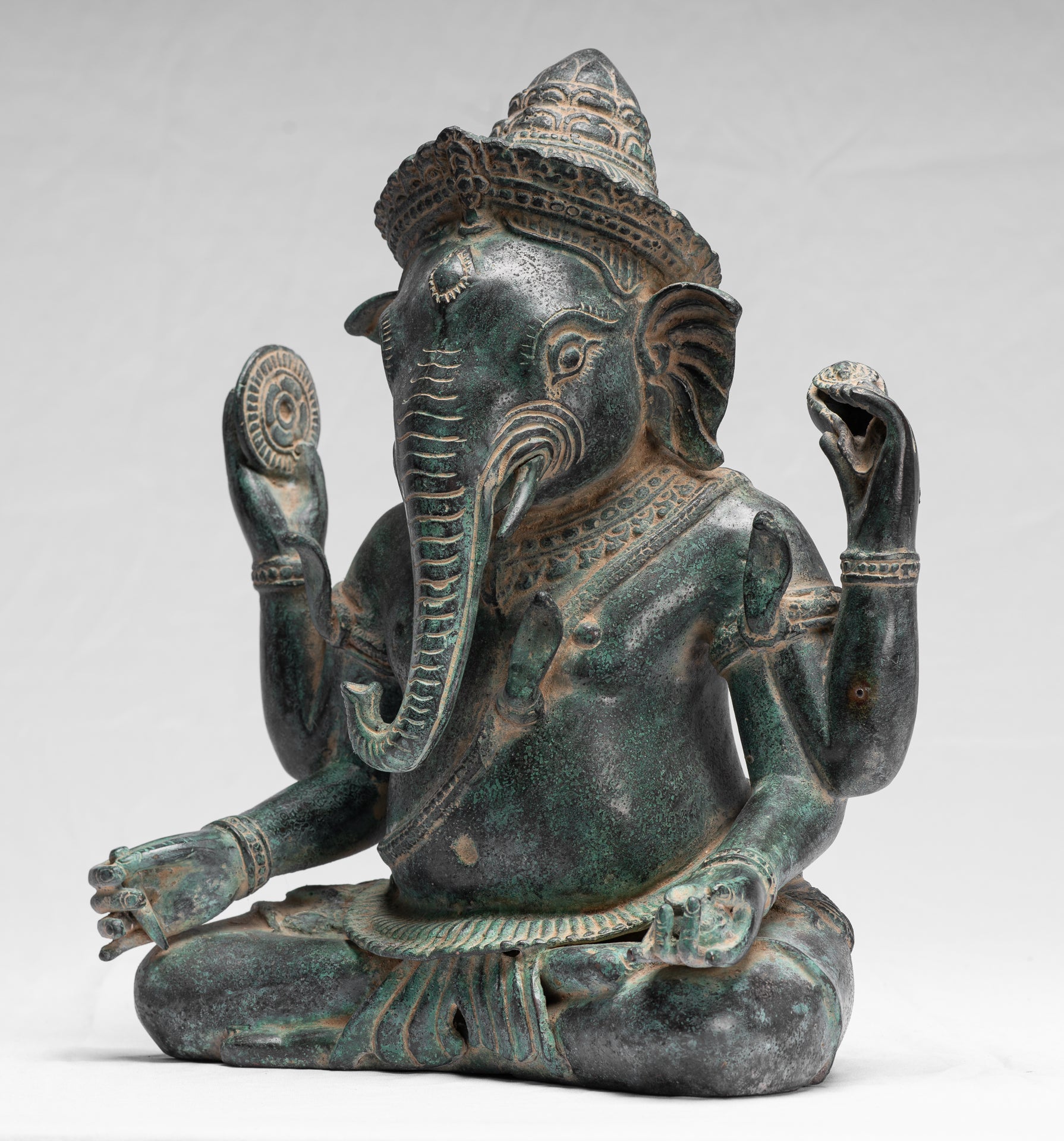Statue Ganesha - Bronzo di baia di baia da khmer antico seduto a quattro braccio ganesh statua - 36 cm/14 "