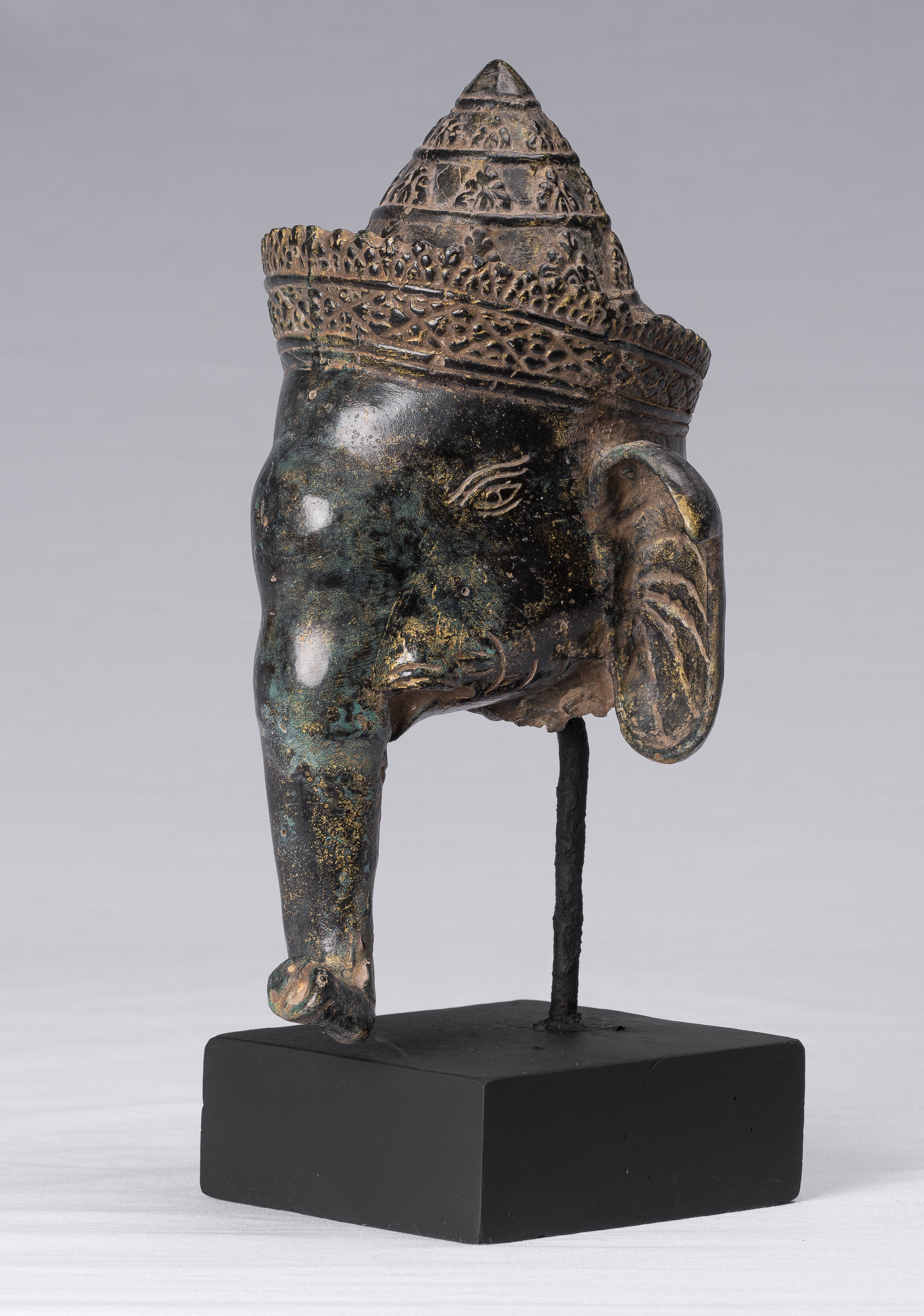 Elephant-Antique Khmer Style Bronze Bayon Style Elephant Statue-29cm/12 " Tall