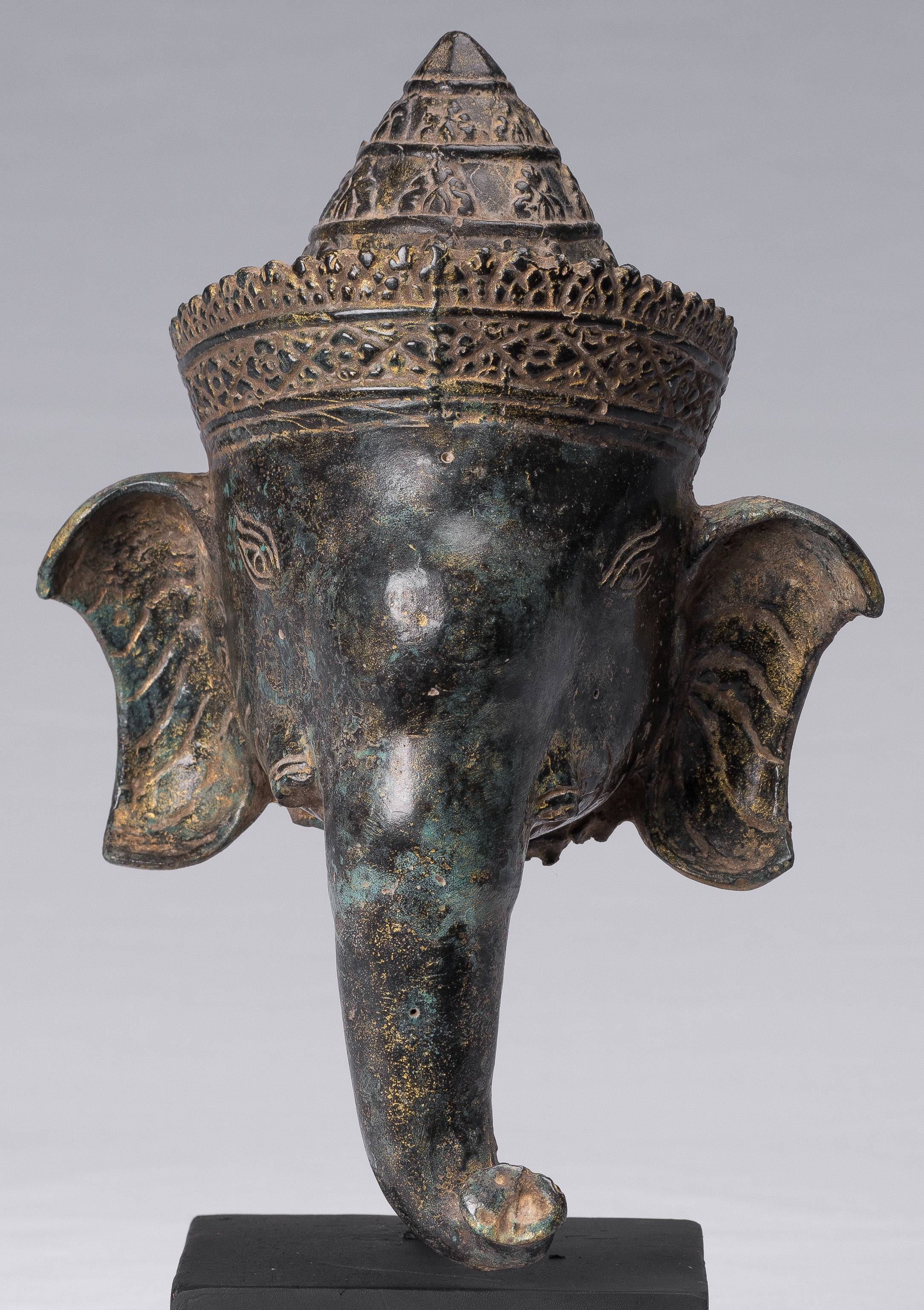 Elephant-Antique Khmer Style Bronze Bayon Style Elephant Statue-29cm/12 " Tall