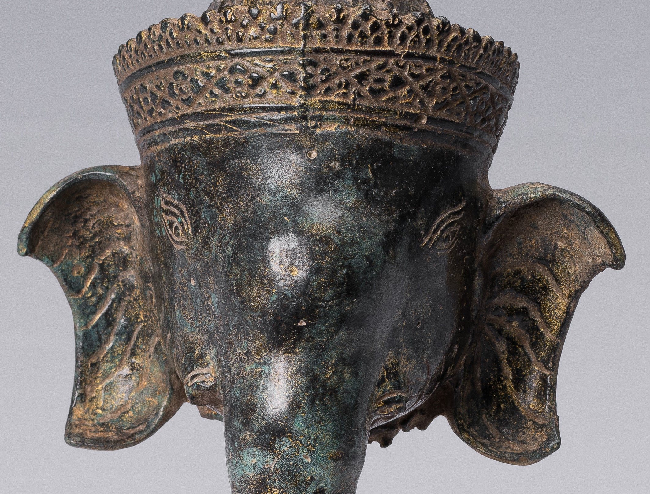 Elephant-Antique Khmer Style Bronze Bayon Style Elephant Statue-29cm/12 " Tall