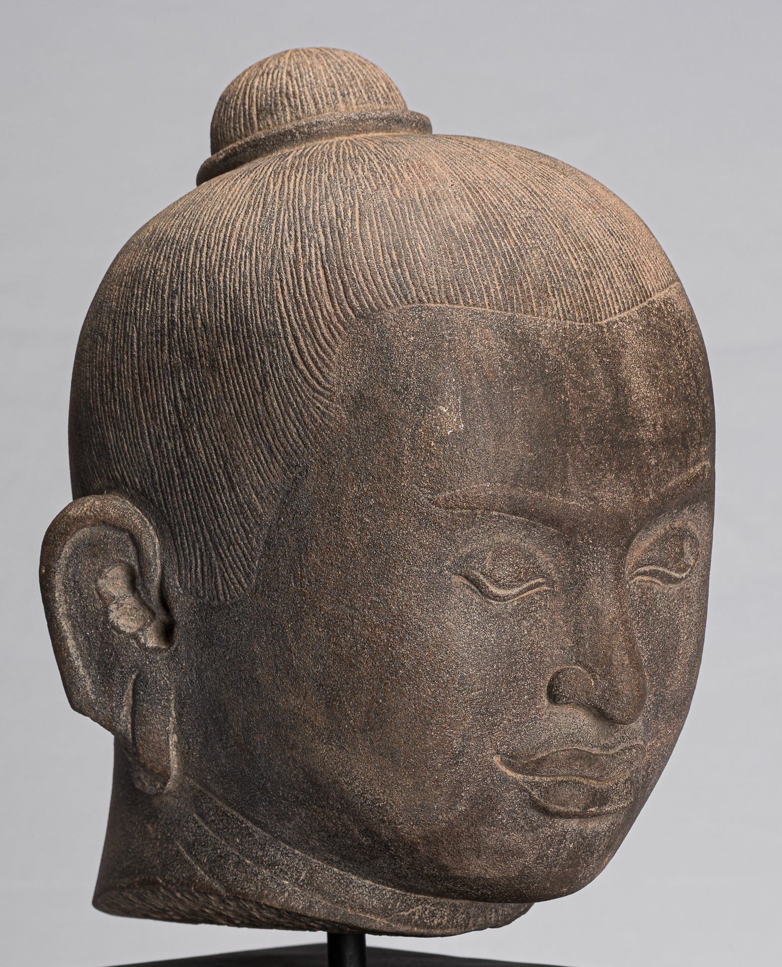 Jayavarman Statue - Antique Khmer Style Mounted Stone Jayavarman VII Head Statue - 38cm/15"