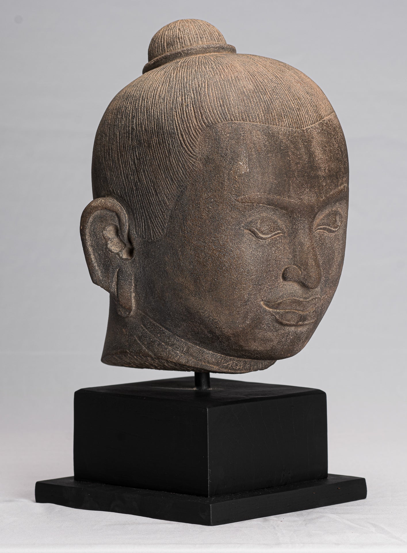 Jayavarman Statue - Antique Khmer Style Mounted Stone Jayavarman VII Head Statue - 38cm/15"